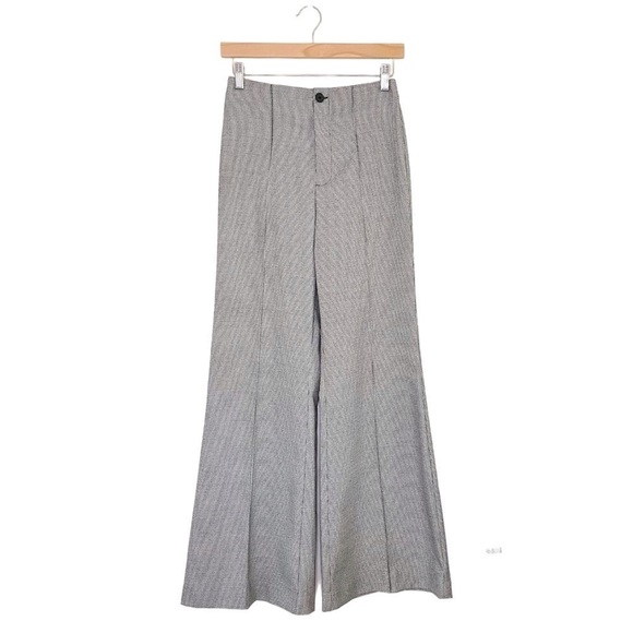 Reformation Silvie High Waist Wide Leg Flare Wool Blend Pant Black White Check 0 - Picture 1 of 16